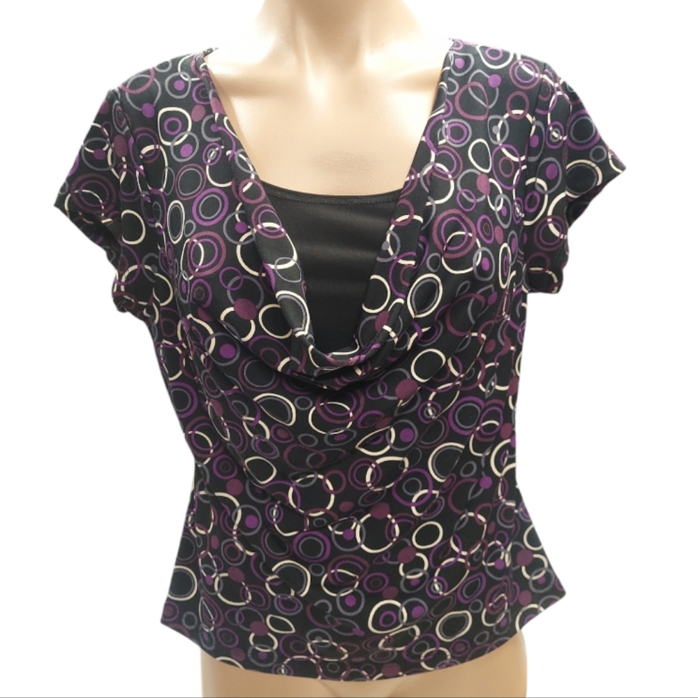 Briggs New York Abstract Circle Cowl Neck Short Sleeve Blouse